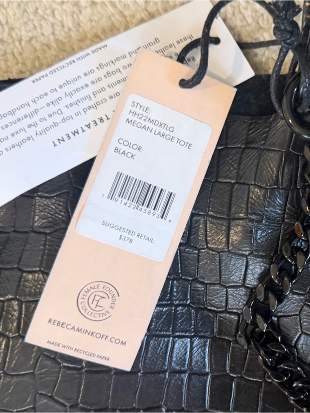 Rebecca Minkoff Black LEATHER Croc-Embossed Tote